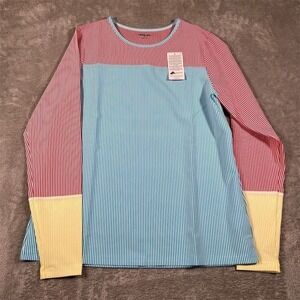 Lands' End Shirt Women's Large Pinstripe Long Sleeve Lycra Swim Tee‎ NEW